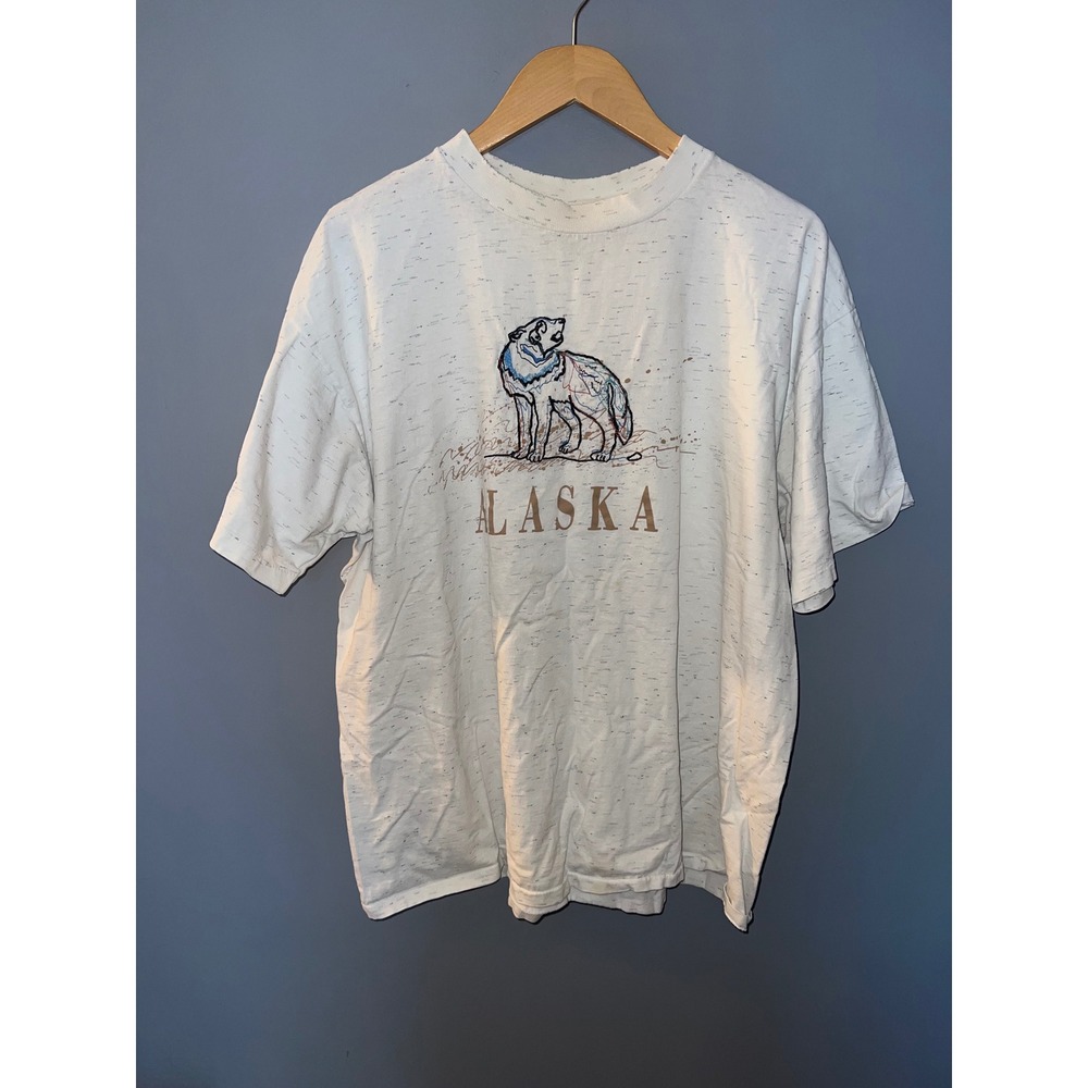 Vintage 90s Oneita Power-T Alaska Wolf Graphic T-Shirt XL White Speckled Single